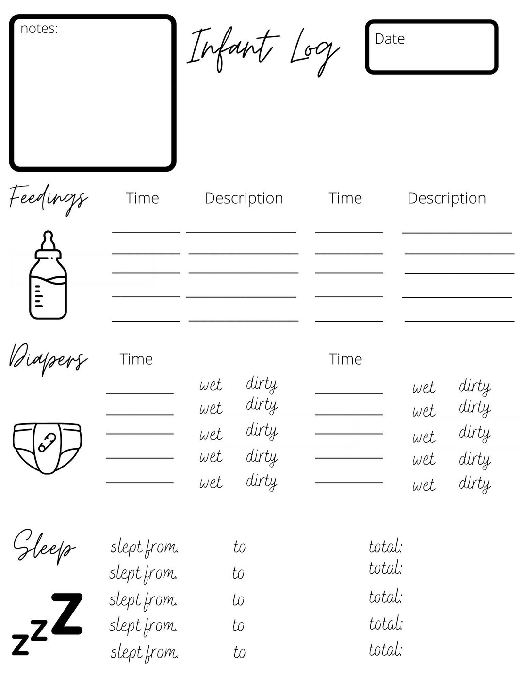 Infant Log Sheet, Babysitter Info Sheet, Feeding Tracking, Newborn