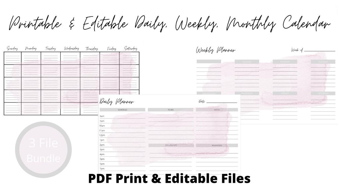 Daily Weekly Monthly Calendar Printable: Fillable PDF Organizer (3 ...