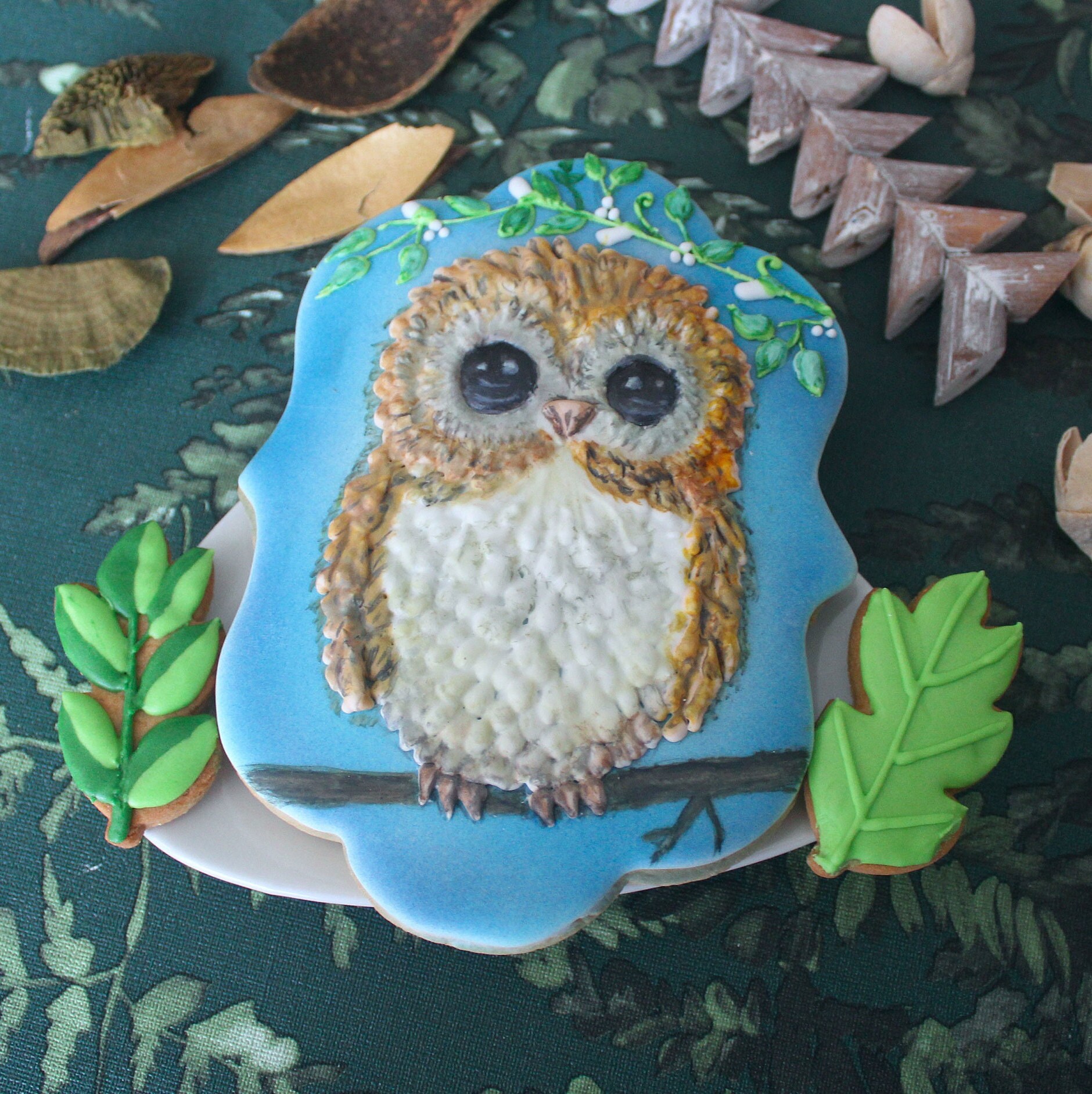 Joli Hibou sur Branche avec 2 Feuilles et 3 Fleurs - Biscuits Sucrés, Colorés, Décorés à La Main Du 