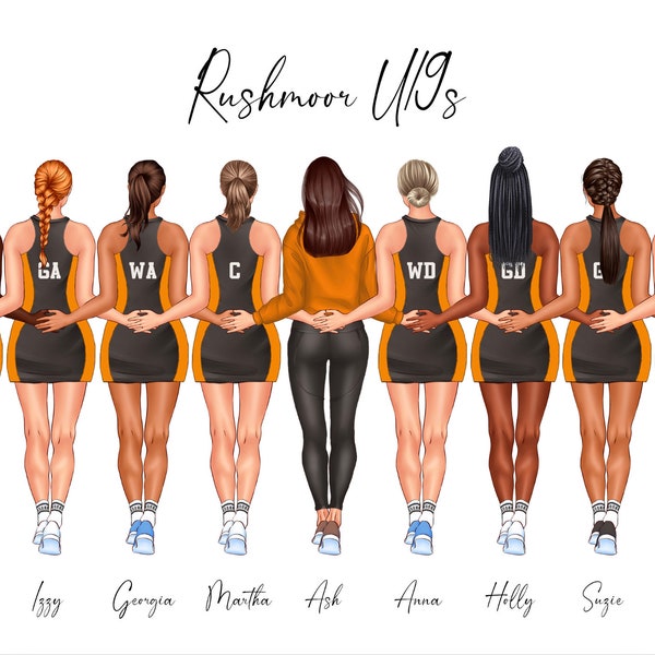 Personalised Netball Team Illustration w/ Coach (DIGITAL ONLY)