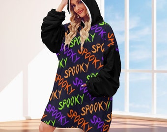 Women's Adult Hooded Blanket Shirt. Spooky Word Design.