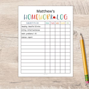 Huiswerk logboek afdrukbaar | Huiswerktracker voor kinderen | Afdrukbare huiswerkkaart | Huiswerksjabloon | Opdrachttracker | Huiswerk checklist