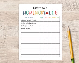 homework planner Homework Log Printable | Homework Tracker for Kids | Printable Homework Chart | Homework Template | Assignment Tracker | Homework Checklist