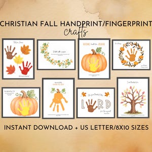 May include: A collection of eight printable craft templates featuring fall-themed illustrations like pumpkins, leaves, and trees. Each page includes space for handprints or fingerprints and religious text. The set is labeled as an instant download in US letter and 8x10 inch sizes.