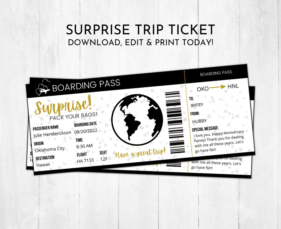 Printable Surprise Trip Ticket | Custom Airplane Ticket | Editable ...