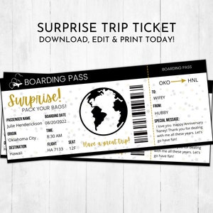 Druckbares Überraschungsticket | Individuelles Flugticket | Bearbeitbares Flugticket | Bordkarte Vorlage