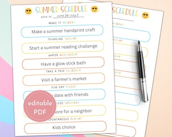 Summer Schedule Theme Activities, Summer Planner for Kids, Weekly Summer Schedule, Summer Bucket List, Summer Schedule Camp, Editable PDF