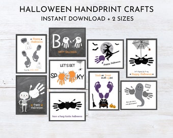 May include: A collection of Halloween-themed handprint crafts. Designs include ghosts, bats, spiders, and witches, with phrases like "BOO" and "Happy Halloween." The crafts are displayed on a white background.