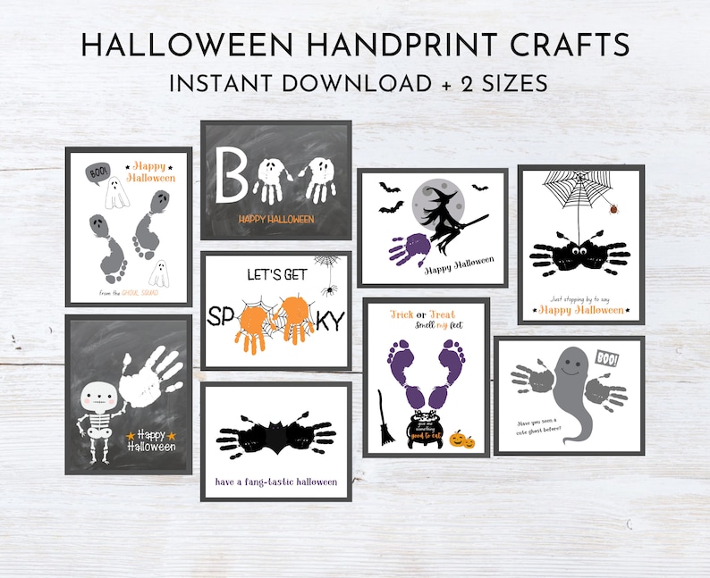 May include: A collection of Halloween-themed handprint crafts. Designs include ghosts, bats, spiders, and witches, with phrases like "BOO" and "Happy Halloween." The crafts are displayed on a white background.