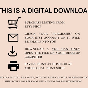 Puede incluir: Una gu&iacute;a de instrucciones de descarga digital con iconos para comprar, verificar tus compras, descargar e imprimir. El texto dice "Este es un archivo digital &uacute;nicamente, no se enviar&aacute; nada f&iacute;sico. Esto es solo para uso personal y no para redistribuci&oacute;n."