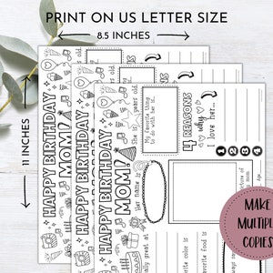 May include: Printable coloring page for Mother's Day or a birthday. It features a black and white illustration of a birthday cake, presents, and other celebratory items. The text says "Happy Birthday Mom!" and includes space for the child to write about their mom.
