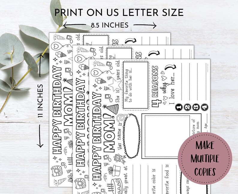 May include: Printable coloring page for Mother's Day or a birthday. It features a black and white illustration of a birthday cake, presents, and other celebratory items. The text says "Happy Birthday Mom!" and includes space for the child to write about their mom.