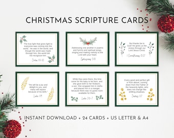 24 cartes bibliques de Noël imprimables | Verset biblique de Noël pour cartes | Cartes de versets bibliques sur Jésus | Écritures de lecture de Noël