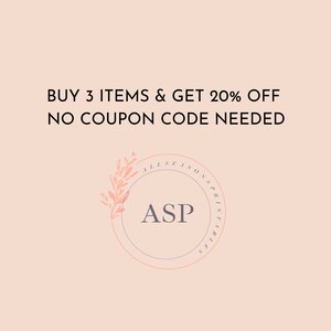 May include: A pink and white floral design surrounds a circle with the text "LISEAS ASP PRINTIBLES" and the text "BUY 3 ITEMS & GET 20% OFF NO COUPON CODE NEEDED".