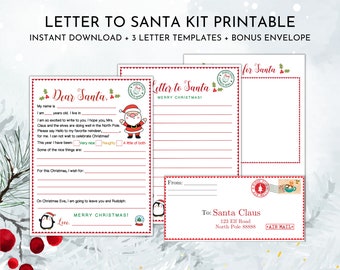 May include: Printable letter to Santa kit with three different templates and a bonus envelope. The kit features a red and white design with a penguin and Santa Claus illustrations. The text on the envelope reads "To: Santa Claus 123 Elf Road North Pole 88888 AIR MAIL -"
