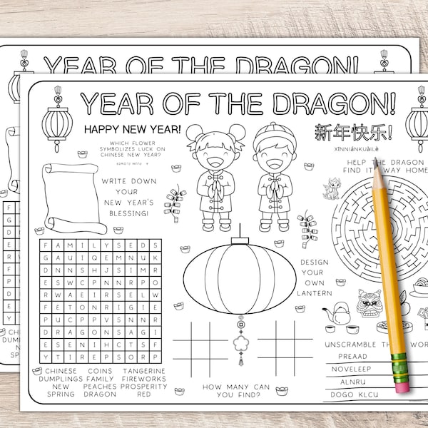 Chinese New Year 2024 Placemat Activity Sheet | Year of the dragon Activity Worksheet | Coloring Placemat for Kids | Lunar New Year 2024 PDF