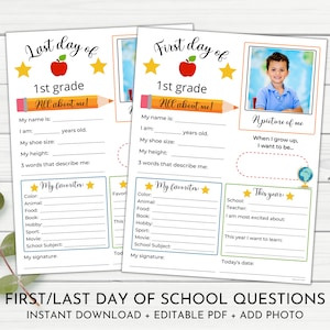 First Day of School Questionnaire | Back to School Questions | Editable First and Last Day of School Interview | All About Me Questionnaire