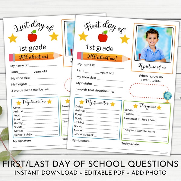 First Day of School Questionnaire | Back to School Questions | Editable First and Last Day of School Interview | All About Me Questionnaire