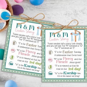 May include: Two Easter cards with the text "M&M Easter Story" and a cross illustration. The cards are tied with twine and surrounded by colourful Easter eggs. The text explains the meaning of Easter using M&M candies.