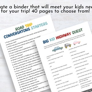 May include: Two printable activity sheets for kids on a road trip. The first sheet is titled "Road Trip Conversations Starters" and has a blue, green, and yellow color scheme. The second sheet is titled "Big Kid Highway Quest" and has a pink, green, and blue color scheme. Both sheets have a variety of questions and activities for kids to complete.