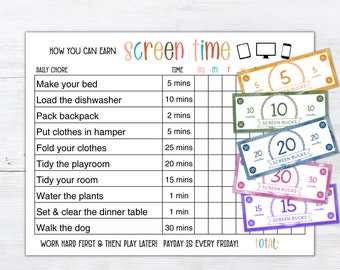 Editable Screen Time Checklist | How To Earn Screen Time Chart | Daily Screen Time Checklist | Screen Time Tracker | Screen Time Chore Chart