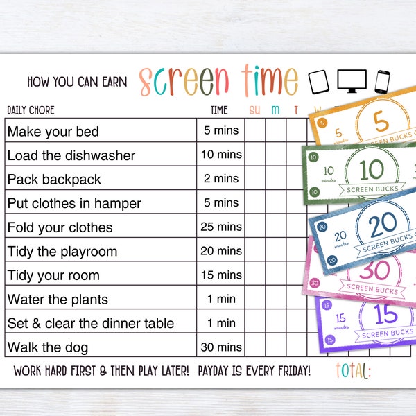 Editable Screen Time Checklist | How To Earn Screen Time Chart | Daily Screen Time Checklist | Screen Time Tracker | Screen Time Chore Chart