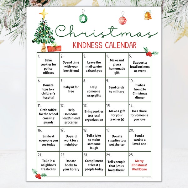 Christmas Acts of Kindness Calendar | Editable Christmas Holiday Kindness | Advent Calendar Countdown to Christmas | Christmas Bucket List