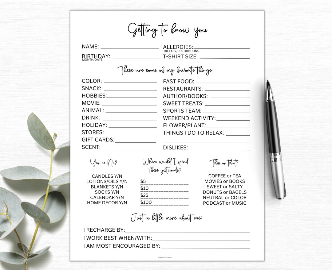 Get To Know Your Staff Questions Printable