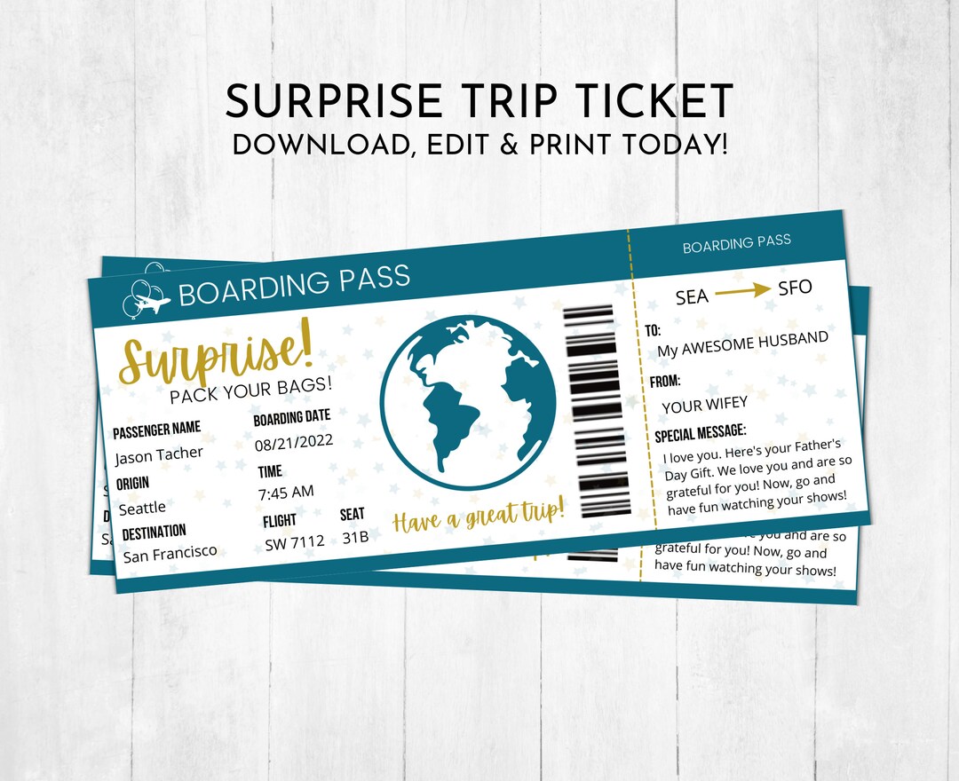 Printable Surprise Trip Ticket | Airplane Ticket | Editable Flight ...