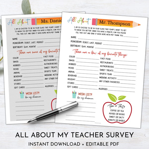 Teacher Survey | Teacher Favorites Survey | All About My Teacher | Teacher Appreciation | Classroom wishlist | Get to know your teachers