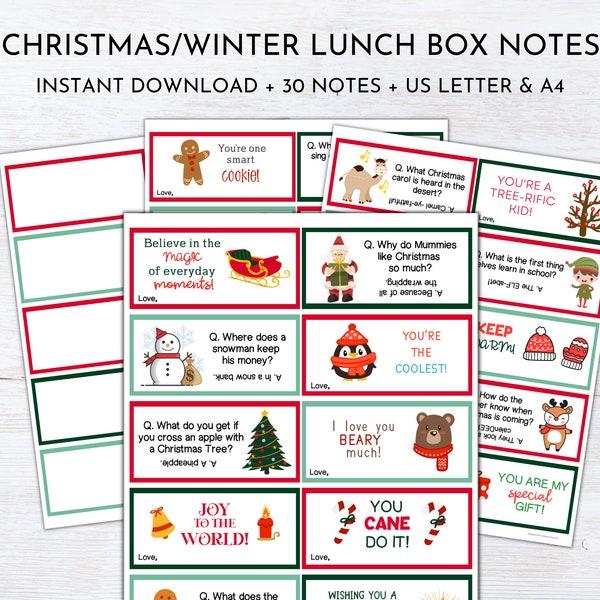 Notas de la lonchera de Navidad para niños / Notas de la lonchera de invierno / Tarjetas de broma navideñas / Notas de almuerzo imprimibles / Afirmaciones positivas para niños