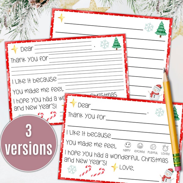 Kids Christmas Thank You Card Template, Fill in the blank Thank You Notes, Christmas Thank You Letter Printable, Christmas Thank You Cards