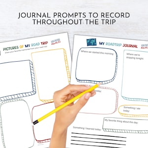 May include: A printable road trip journal with prompts for drawing pictures, writing about where you started and ended your day, and what you learned and ate. The text on the page says "Pictures of my road trip" and "My Roadtrip Journal".