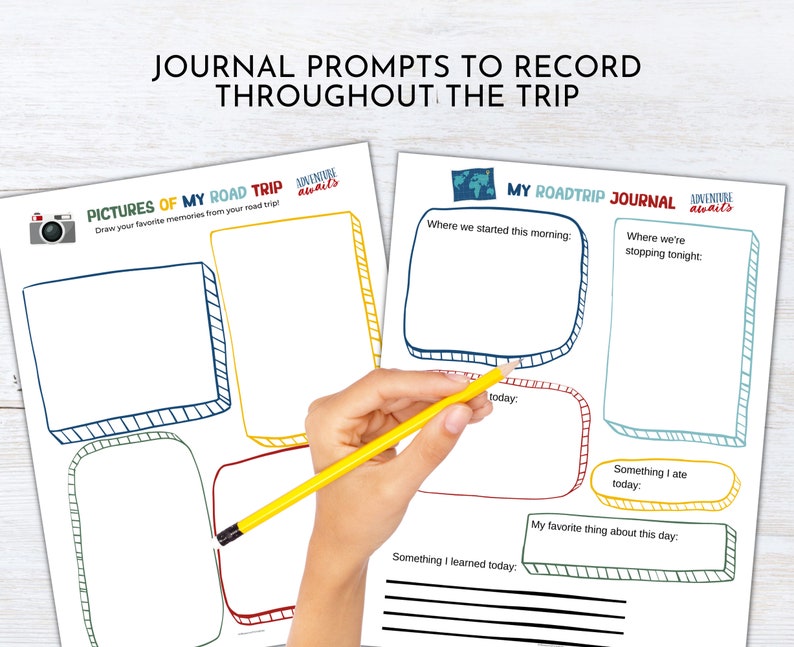 May include: A printable road trip journal with prompts for drawing pictures, writing about where you started and ended your day, and what you learned and ate. The text on the page says "Pictures of my road trip" and "My Roadtrip Journal".