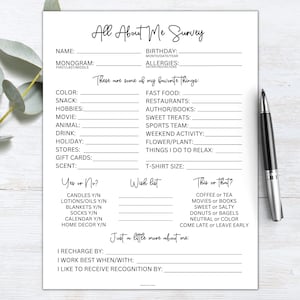 Mitarbeiter Fragen Printable | Alles über mich-Umfrage | Mitarbeiter Lieblings Dinge Übersicht | Geschenkbörse-Ideen | Lerne mein Team kennen - Fragebogen