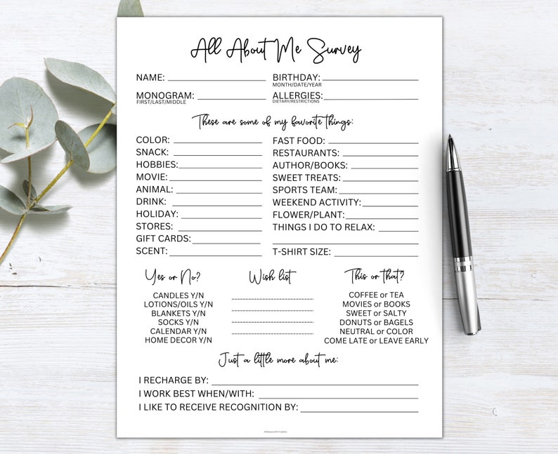 Coworker Questions Printable All About Me Survey Employee - Etsy