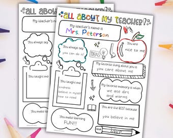 All About My Teacher Printable Template, Teacher Appreciation Week, Teacher Thank You Coloring Page, Printable Thank You Teacher Card