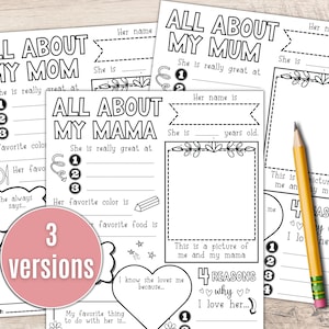 Tudo sobre minha mãe para imprimir | Questionário sobre presentes de dia das mães | Presente de aniversário para mamãe | Carta para mãe para impressão, perguntas para preencher as lacunas em PDF