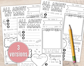 All About My Mom Printable | Mothers Day Gift Questionnaire | Birthday Gift for Mom | Printable Mom letter Fill-in-the-blank Questions PDF