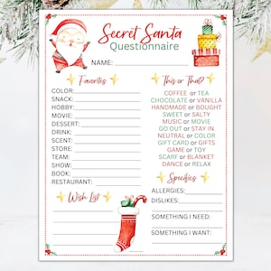 May include: A printable Secret Santa questionnaire with a cartoon Santa Claus illustration. The questionnaire includes sections for favorites, this or that, and specifics. It also includes a wish list section.