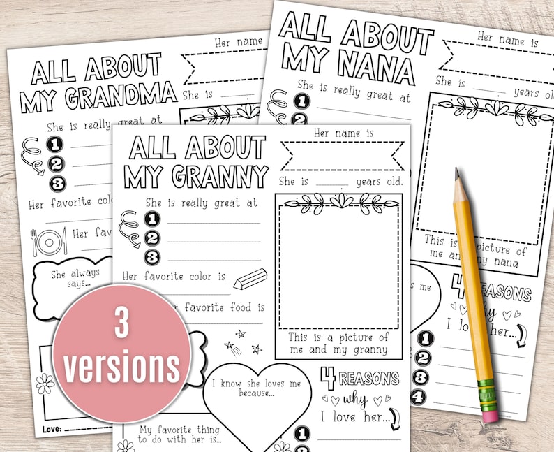 Puede incluir: Hojas de actividades imprimibles en blanco y negro con el texto "All About My Grandma", "All About My Granny" y "All About My Nana". Cada hoja tiene preguntas para completar sobre la persona, como su nombre, edad, color favorito y comida favorita. Tambi&eacute;n hay secciones para dibujar una imagen y escribir las razones por las que la quieres.