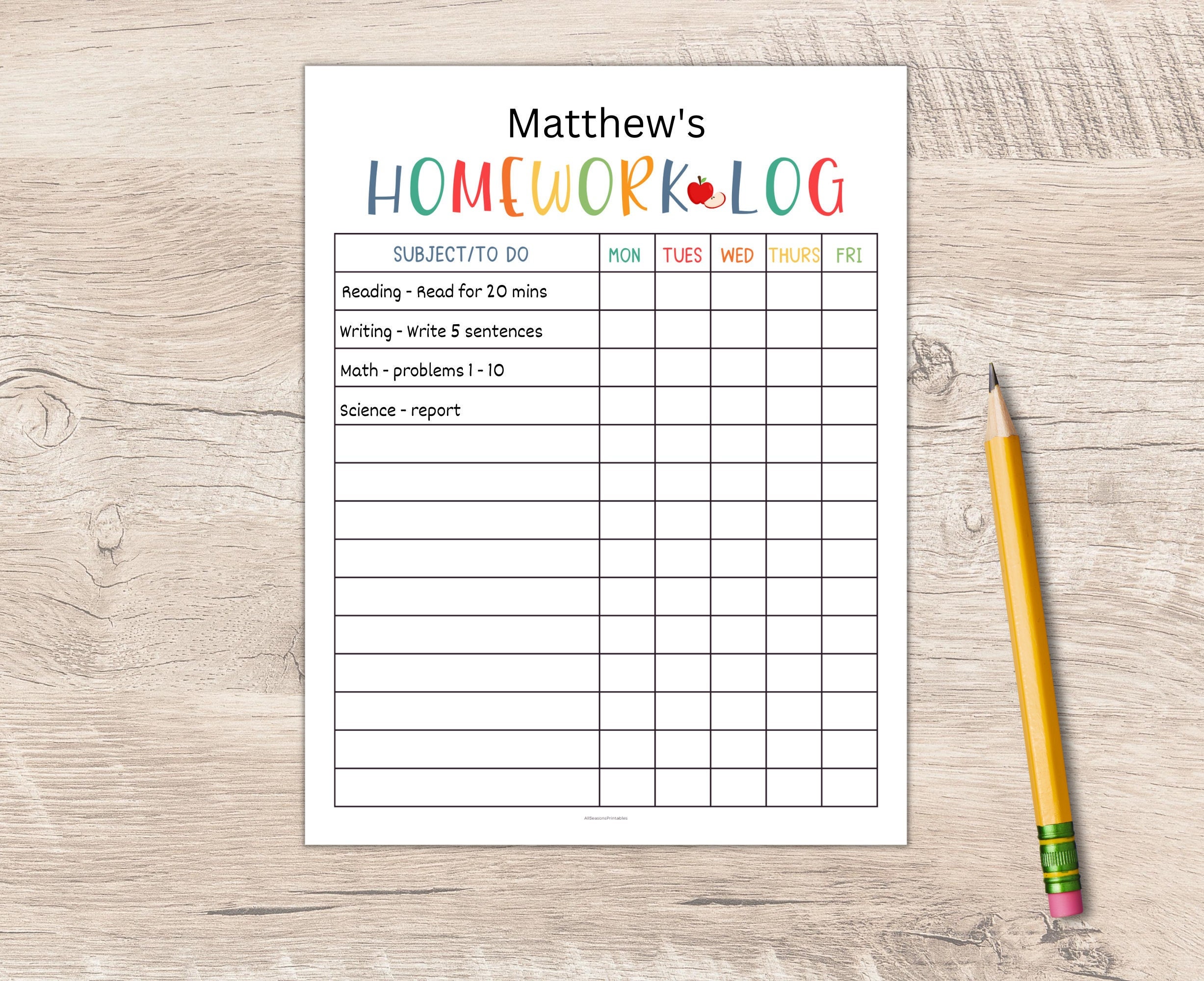 Homework Log Printable | Homework Tracker for Kids | Printable Homework Chart | Homework Template | Assignment Tracker | Homework Checklist