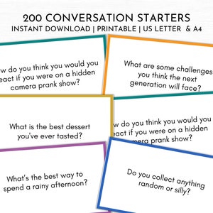 200 gespreksstarters | Afdrukbare gesprekskaarten | Maak kennis met uw vragen | Werk IJsbrekerspellen | Vragen over familiediners