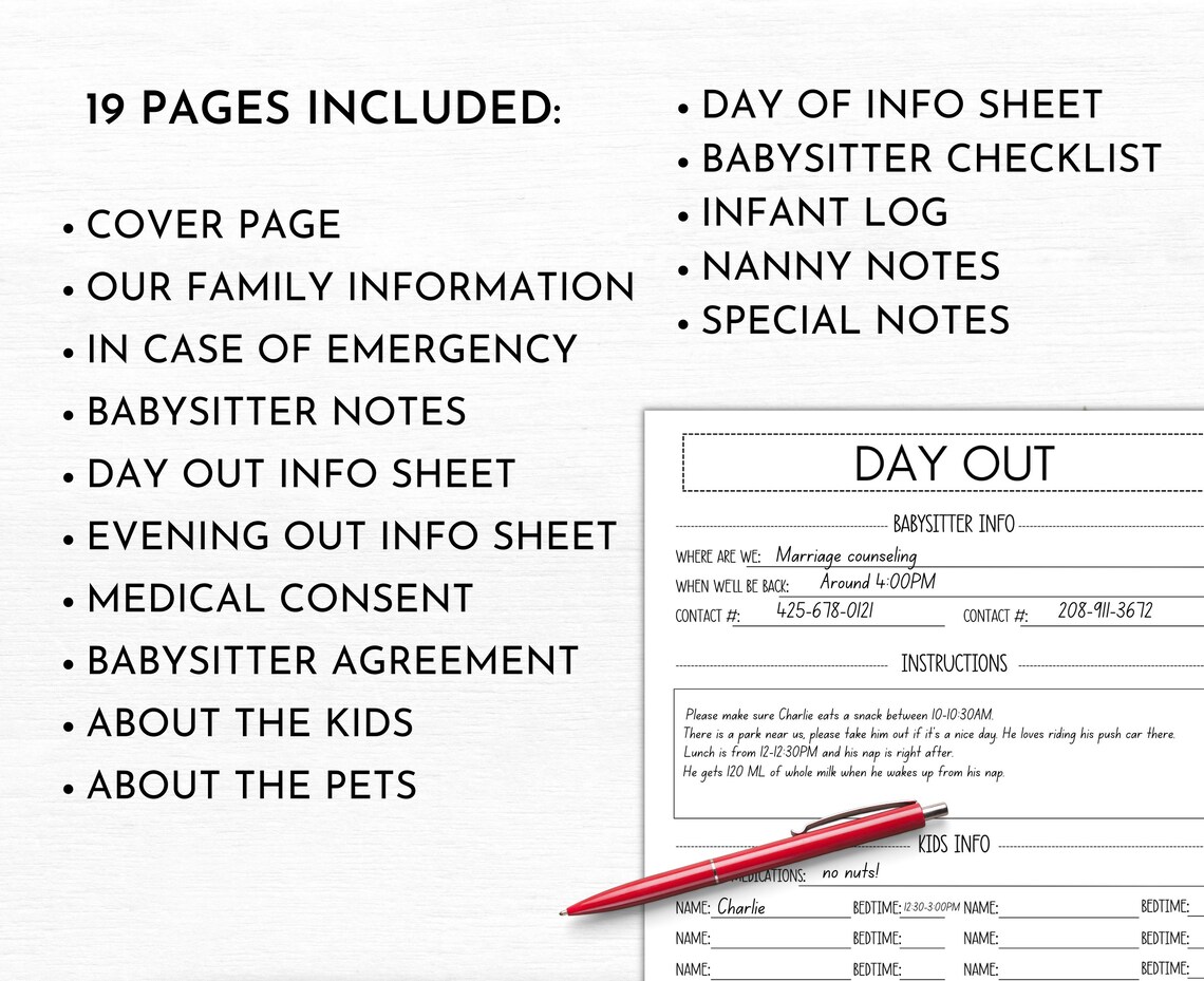 Babysitter Planner Kit Babysitter Information Sheet Babysitter