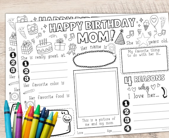 Happy Birthday Mom Coloring Page | Happy Birthday Mom Placemat Activity Sheet | All About Mom Fill-in-blanks | Happy Birthday Mom Card