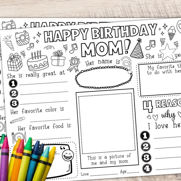 Happy Birthday Mom Coloring Page | Happy Birthday Mom Placemat Activity Sheet | All About Mom Fill-in-blanks | Happy Birthday Mom Card