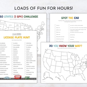May include: A printable set of three educational games for kids featuring maps of the United States. The games include "50 States (I Spy) Challenge", "License Plate Hunt", and "Do You Know Your Map?"