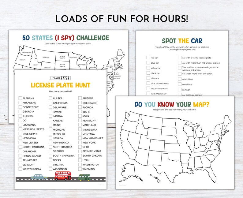 May include: A printable set of three educational games for kids featuring maps of the United States. The games include "50 States (I Spy) Challenge", "License Plate Hunt", and "Do You Know Your Map?"