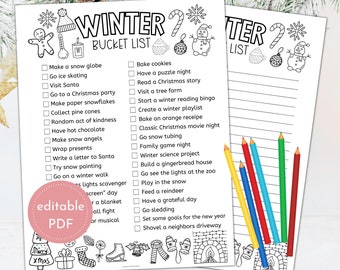 Winterbucketlist bewerkbaar, vakantiebucketlist afdrukbaar, familiewinteractiviteitenlijst, wintertakenlijst, checklist voor kerstactiviteiten