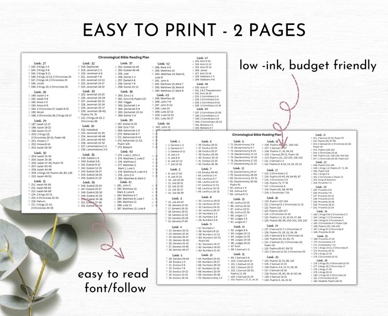 May include: A printable Bible reading plan in chronological order. The plan is divided into two pages, with each page listing the books of the Bible in the order they are believed to have been written. The text is easy to read and follow, and the plan is designed to be low-ink and budget-friendly.
